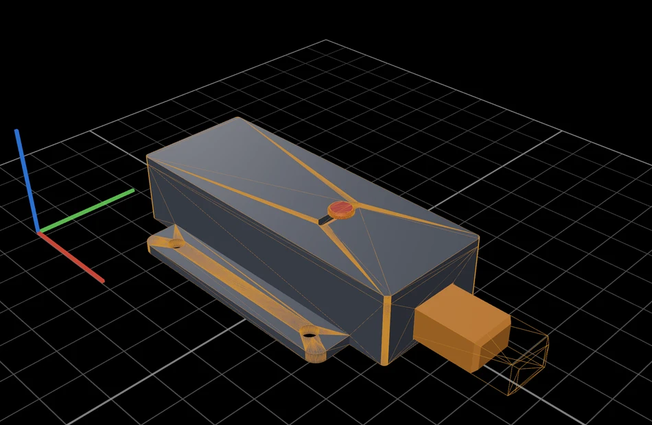 Version 1 of the latch inside the orange outline of version 2, with the longer nose