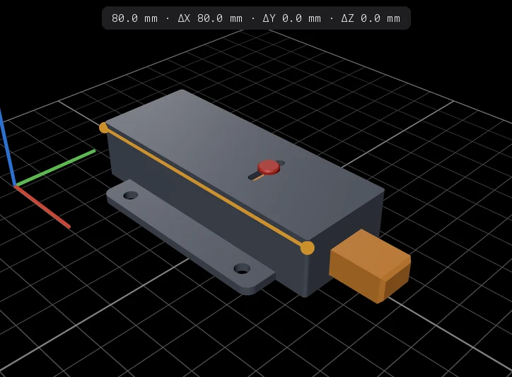 The latch in the 3D view with a measurement along the housing, shown with its X, Y and Z deltas
