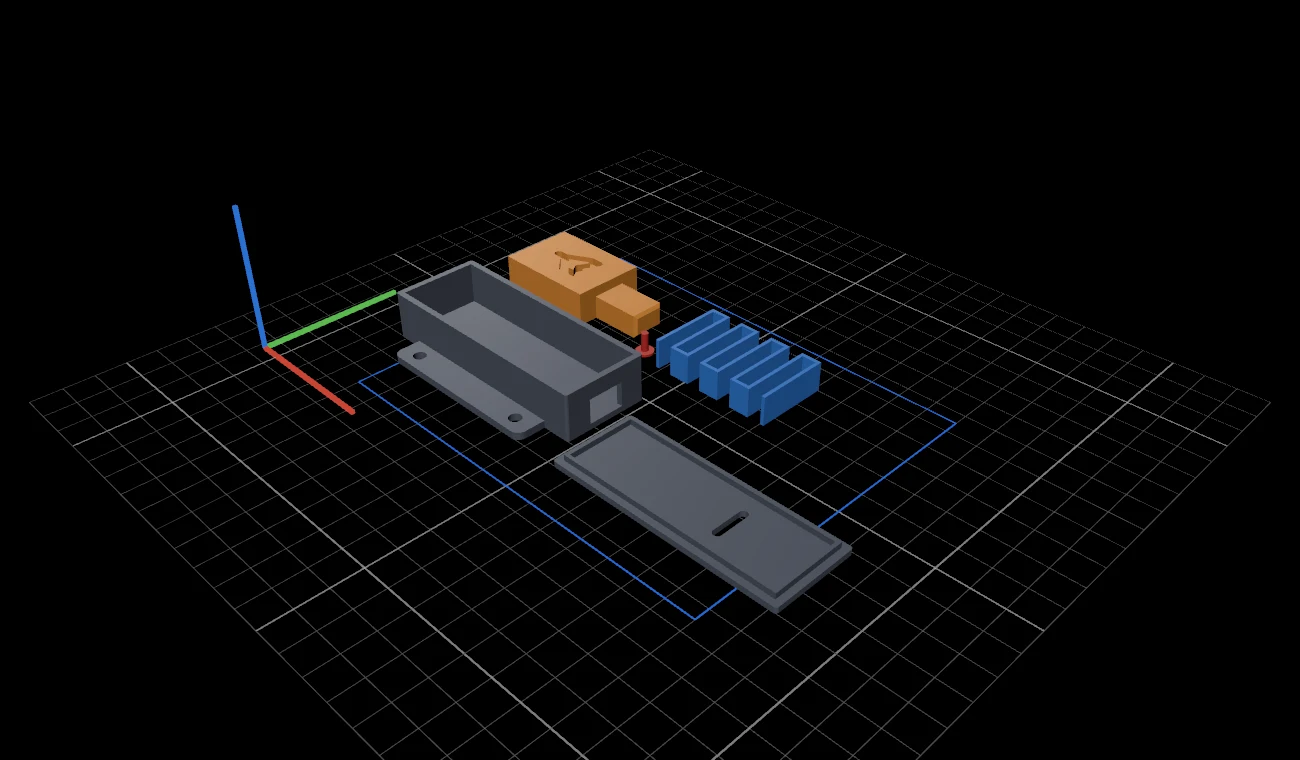 The five latch parts laid out flat on the print bed