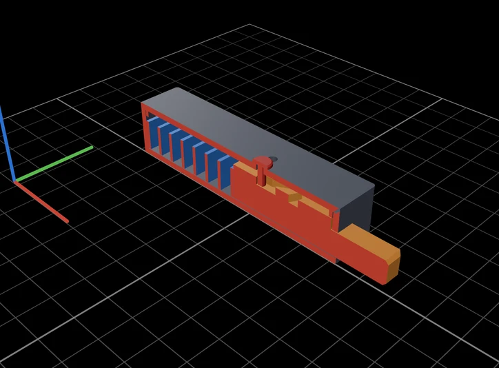 The latch cut open by a section plane, showing the plunger, the cam and the spring inside the housing