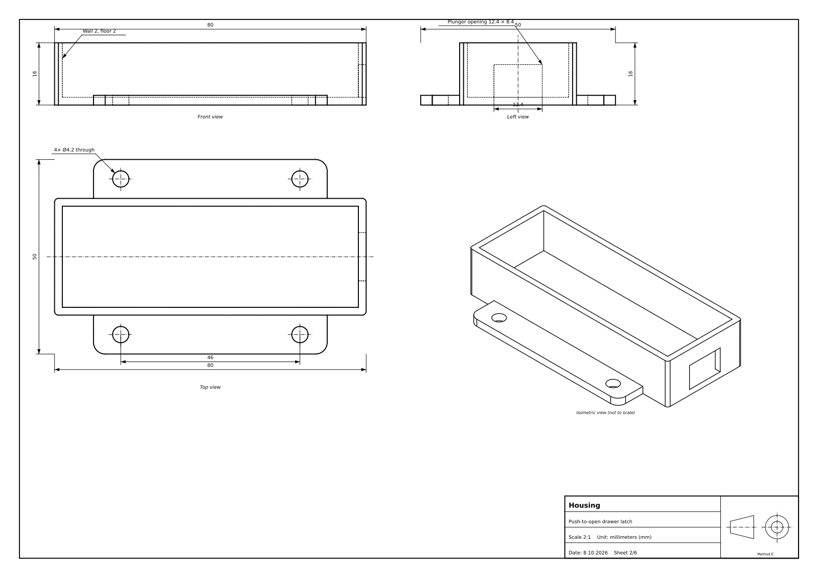 Sheet 2 of 6: housing with its screw flanges
